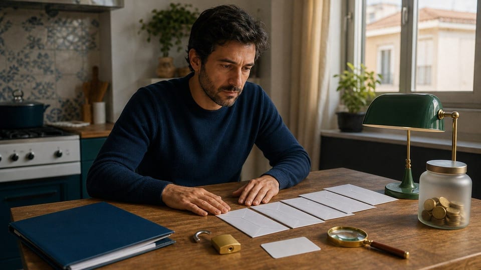 Une personne organise des enveloppes de dettes avec un dossier de crédit, un cadenas ouvert et une épargne en pièces.