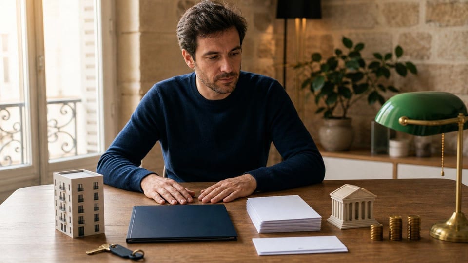 Acheteur préparant un dossier de prêt immobilier avec clé, maquette d'immeuble, documents vierges et piles de pièces.