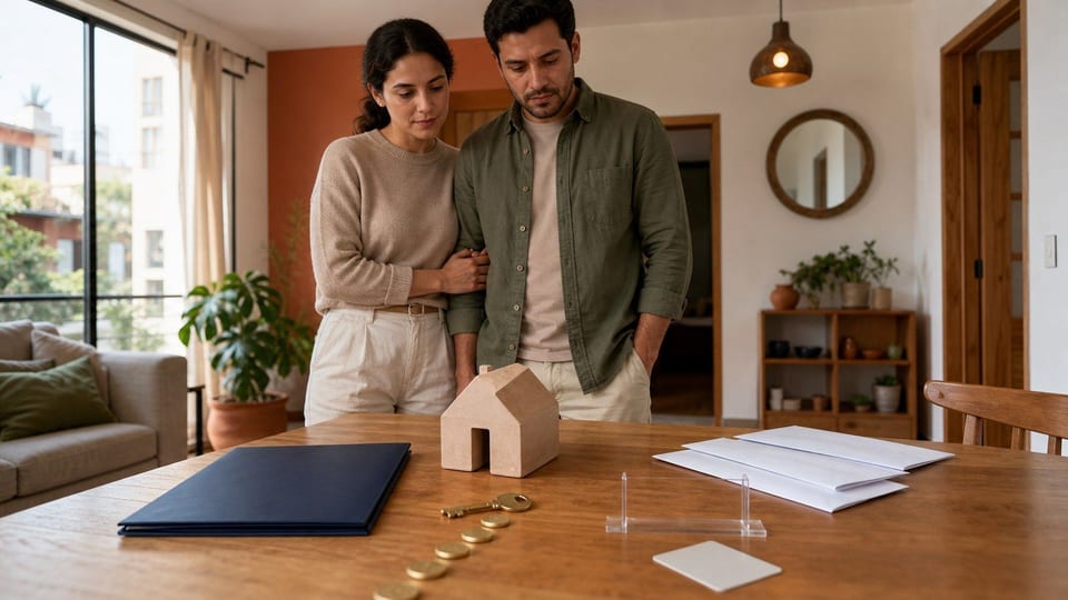 Pareja revisando la compra de una vivienda con crédito Infonavit en un departamento vacío.