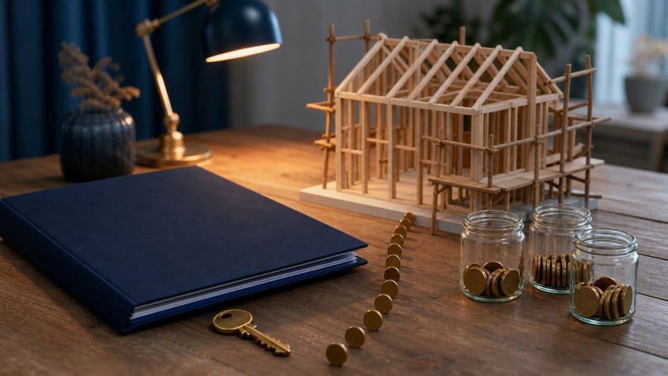 En liten byggarbetsplats med lånemapp, husnyckel och mynt visar finansiering av ett nybygge.