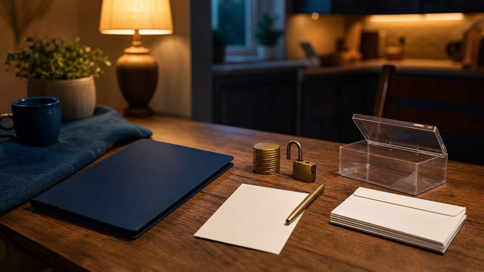 A blank personal-loan folder, unused pen, empty collateral box, unlocked padlock, and brass discs show an unsecured loan.