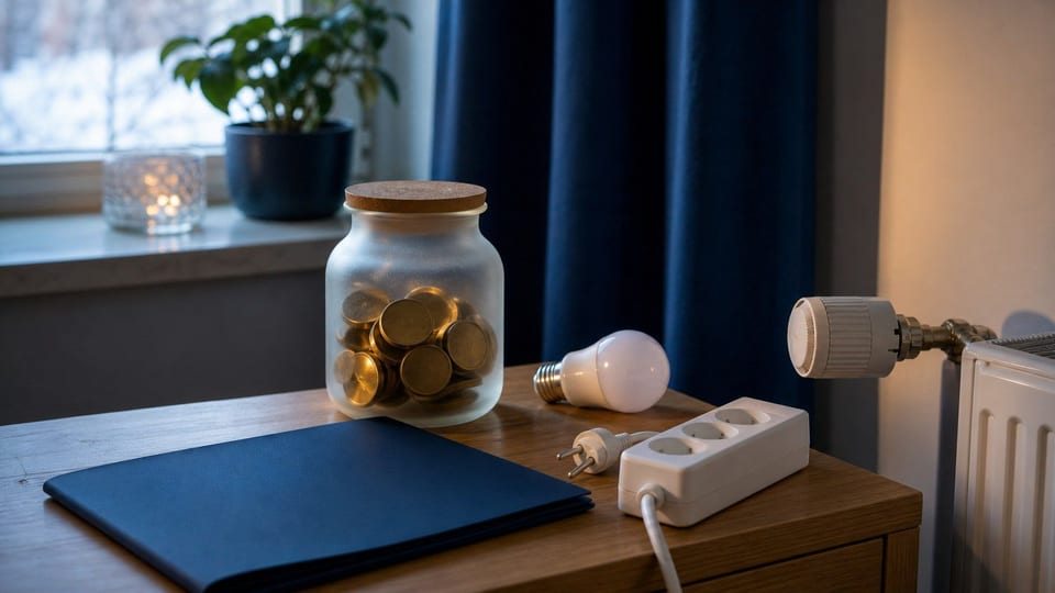 Säästöpurkki, LED-lamppu ja irrotettu jatkojohto kuvaavat sähkön säästämistä kotona.