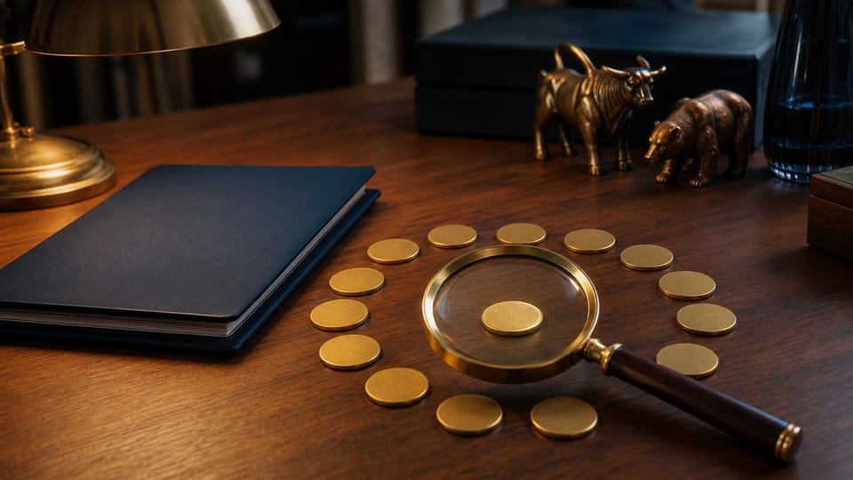 Un bureau d'investissement montre une loupe sélectionnant un jeton parmi plusieurs, avec un dossier bleu et de petites figurines de marché.