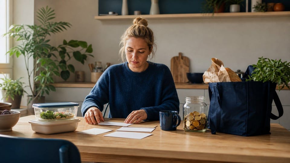 En person planlægger husholdningsbesparelser ved et køkkenbord med blanke kuverter, møntglas og indkøbspose.