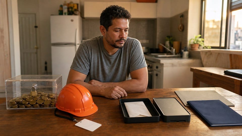 Trabalhador brasileiro analisando opções de saque do FGTS em uma mesa com caixa de reserva e envelope.