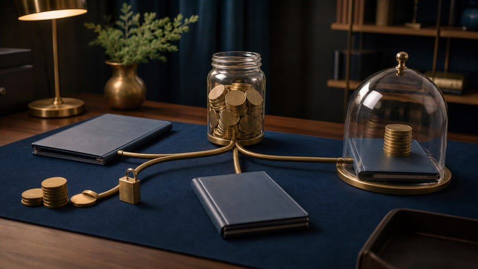 Ein Anlegerglas, leere Kreditmappen, eine Glasglocke und ein Schloss zeigen eine abgesicherte P2P-Rückkaufgarantie.