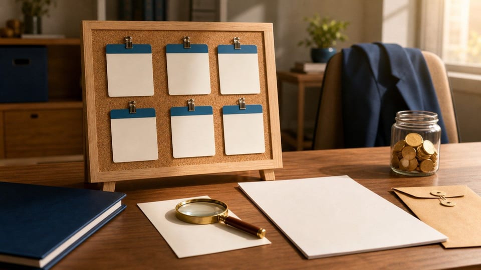 Un tablero con tarjetas de empleo en blanco, una lupa, una carpeta azul y un frasco con monedas sin marcas.