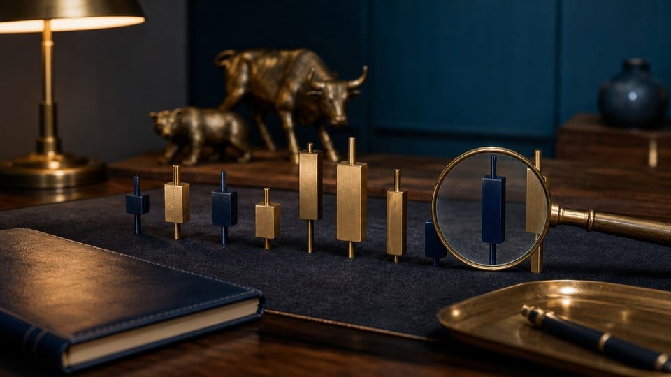 Fysieke candlestick-blokken liggen op een beleggersbureau met een vergrootglas en ongemarkeerde munten.