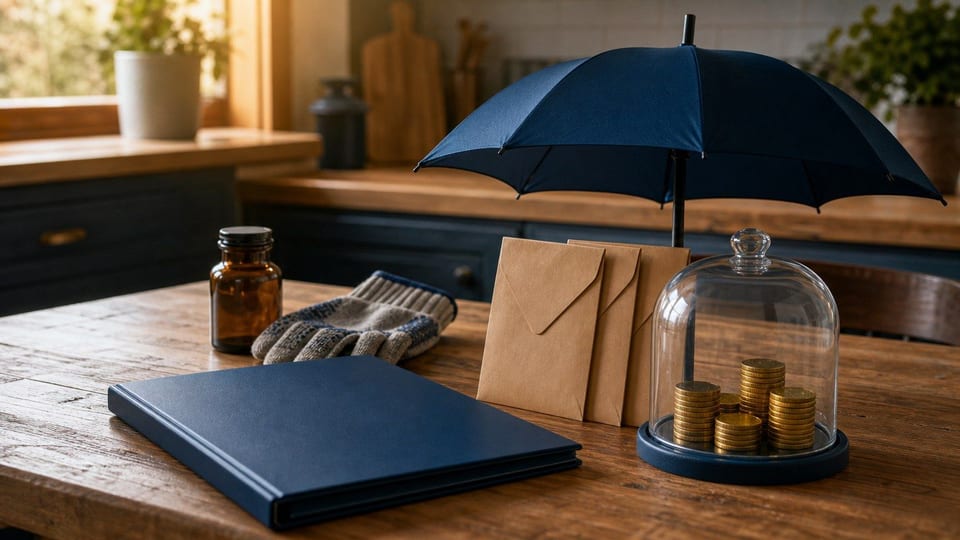 Une table montre un dossier de prêt protégé par un parapluie, des enveloppes de mensualité vierges et des piles de pièces sous cloche.