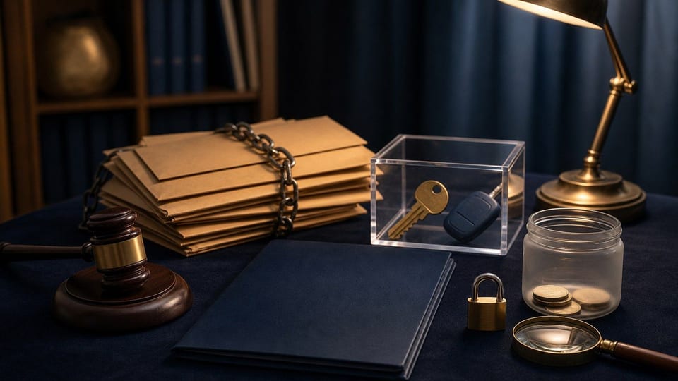 Mesa legal con carpeta de deuda, llaves retenidas, candado y monedas para representar un embargo.