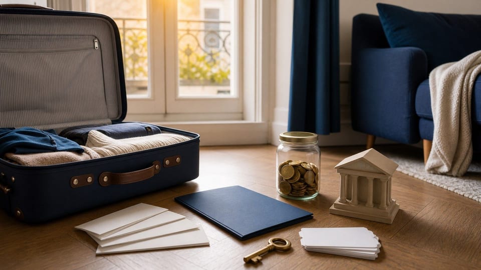 Une valise ouverte est posée avec un dossier de prêt, des enveloppes de remboursement et une épargne en pièces.