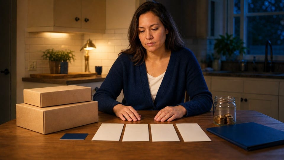 An American shopper reviews plain parcels, a blank payment card, installment envelopes, and a household budget jar.