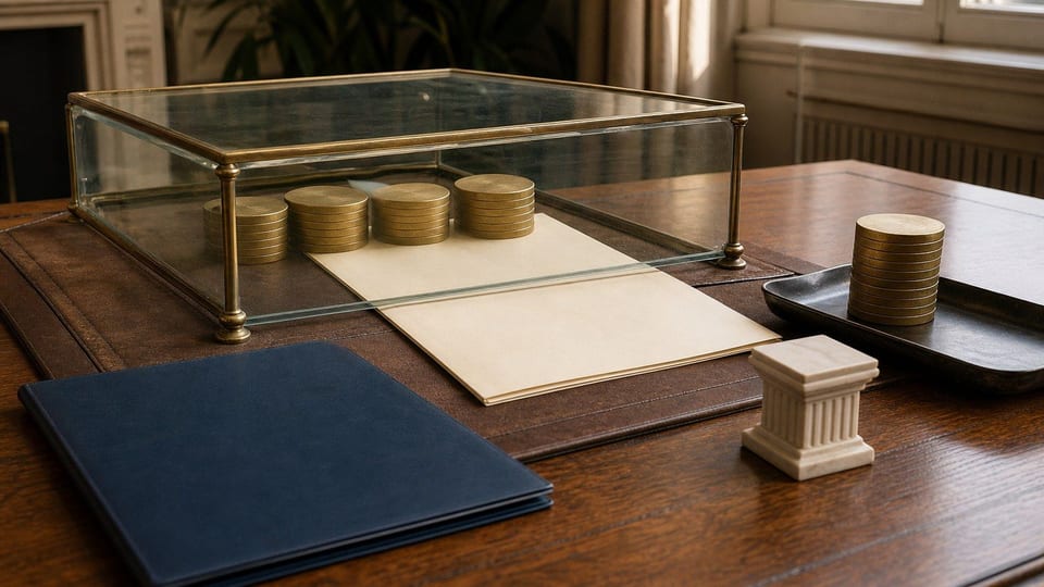 Plafond transparent limitant des piles de pièces sur un bureau bancaire, symbole du taux d'usure en France.