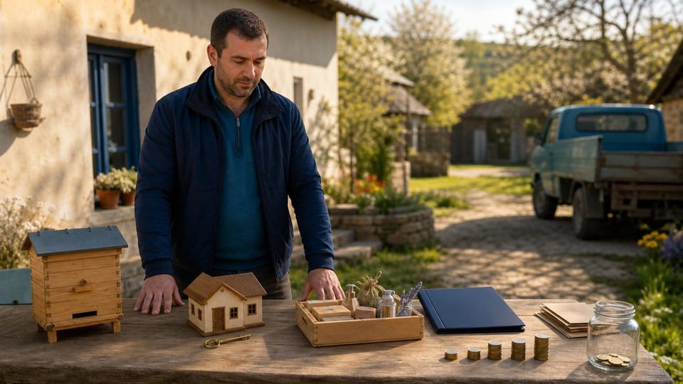Un antreprenor rural analizează idei de afaceri pe o masă cu un stup, o cheie de pensiune, dosare și monede.