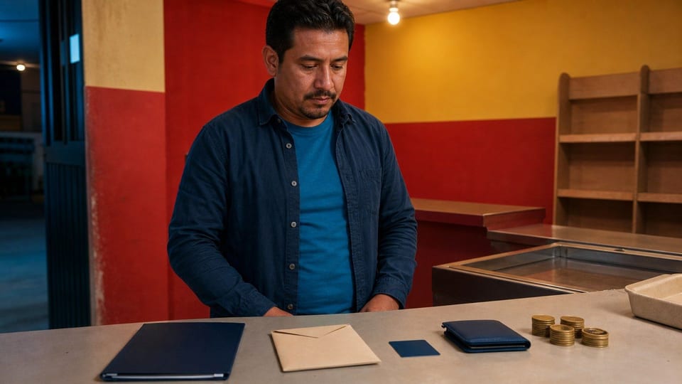 Una persona en un mostrador de tienda sin marcas revisa una carpeta de prestamo, una tarjeta en blanco y monedas sin marcas.