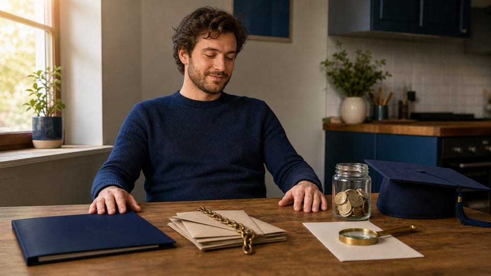 A borrower reviews student loan forgiveness options at a kitchen table with debt envelopes, a graduation cap, and a jar of coins.