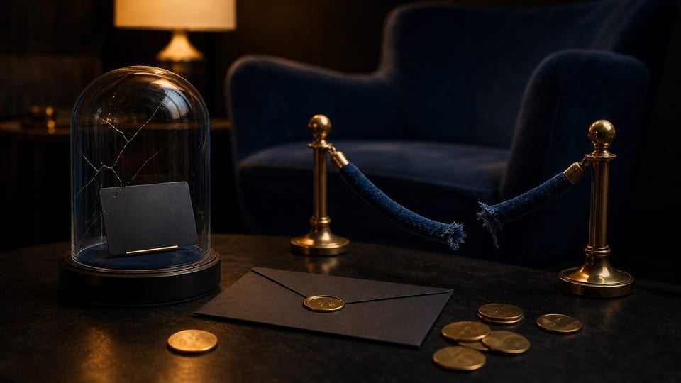 A blank black payment card under cracked glass, coins, and a velvet rope suggest a failed luxury card membership.