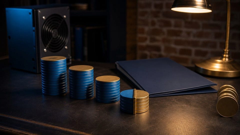 Tummalla työpöydällä kryptotokeneista tehdyt palkkiopinot pienenevät puolittumista kuvaavan jakajan vieressä.