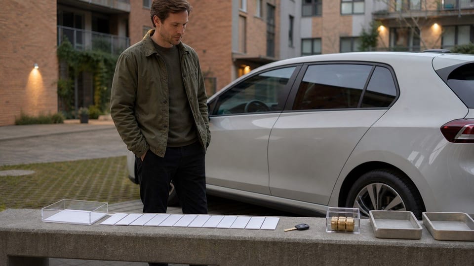 En person står ved en leaset bil ved siden af tom udbetalingsbakke, betalingskuverter og en kontant buffer.