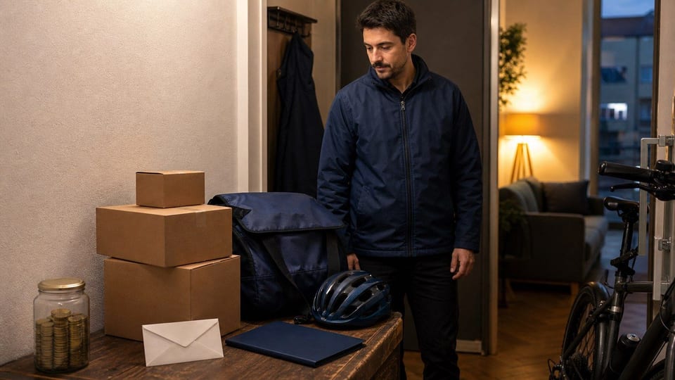 Mellékállásra készülő ember látható csomagokkal, futártáskával, sisakkal, jövedelmi borítékkal és érmegyűjtő üveggel.