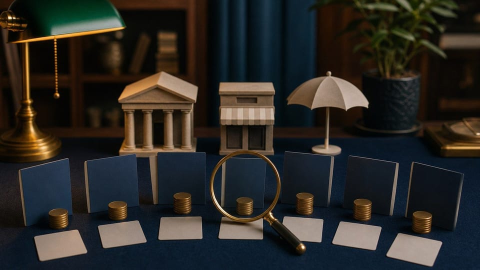 На темному столі розкладені порожні папки фінансових компаній, моделі установ, картки відгуків, монети та лупа.