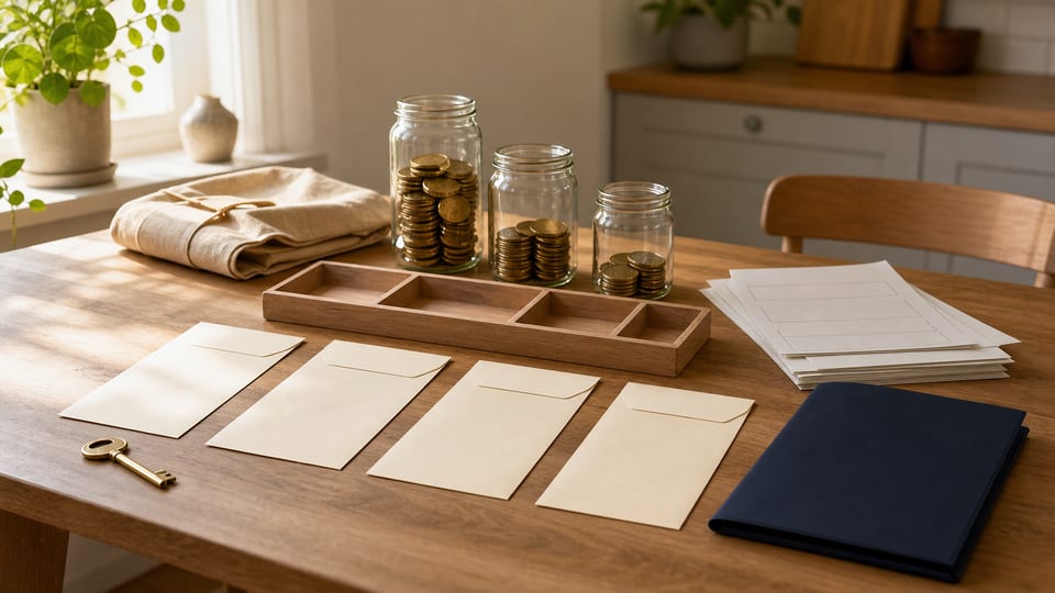 Et dansk køkkenbord med tomme budgetkuverter, spareglas, en budgetbakke og en mørkeblå mappe.