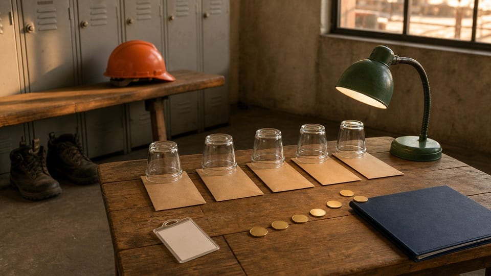 Mesa de trabalho com capacete, botas, envelopes sem texto e moedas representando a antecipação do saque-aniversário do FGTS.