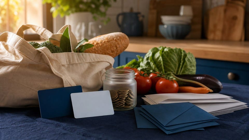 Стіл із порожніми платіжними картками, продуктами, багаторазовою сумкою, банкою кешбеку та конвертами для покупок.