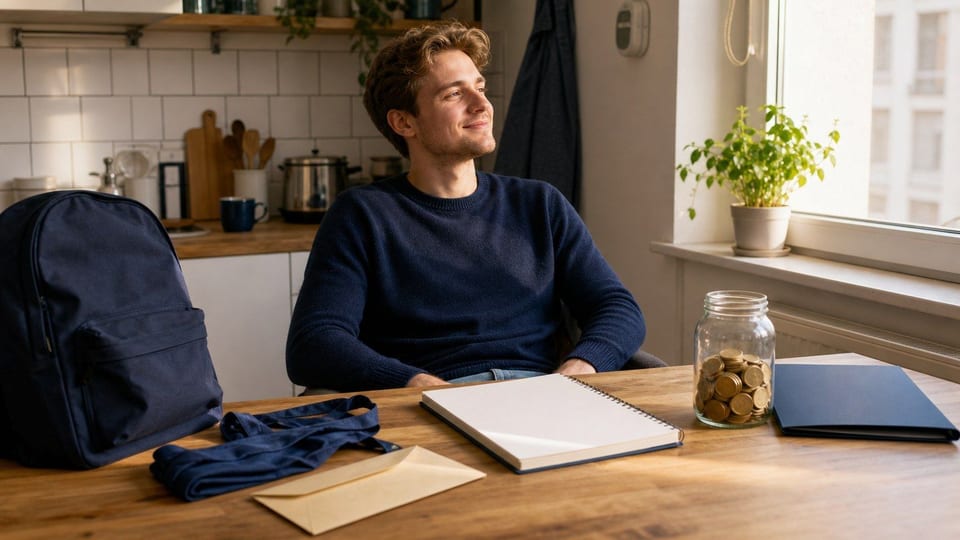 Ein Student sitzt am Küchentisch mit Rucksack, leerem Studienheft, Arbeitsschürze, Gehaltsumschlag und Sparglas.