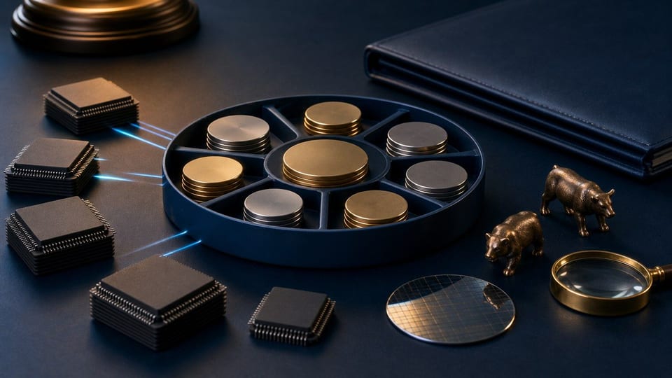 Een AI-beleggingsfonds wordt verbeeld met microchips, een siliciumschijf en muntstapels in een fondsenschaal.