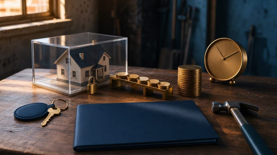 A real-estate loan workbench shows a secured house model, brass key, funding discs, and a blank navy loan folder.