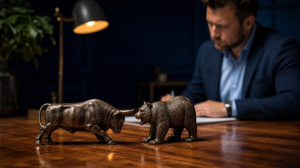 Two small bronze figurines of a bull and a bear facing each other on a polished wooden desk
