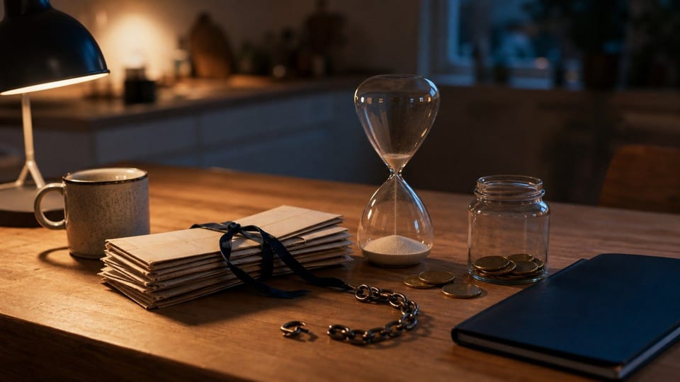 Vecchie buste di debito, una clessidra e una catena aperta rappresentano la scadenza di un prestito non pagato.