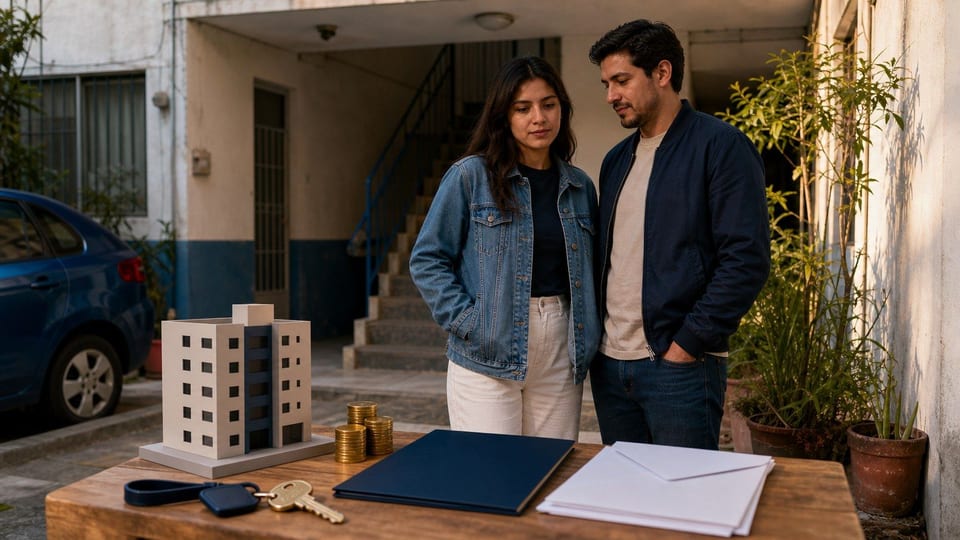 Pareja revisando una solicitud de crédito para vivienda frente a un edificio de departamentos en la Ciudad de México.