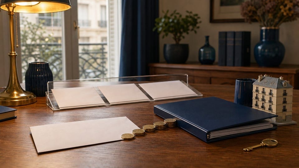 Un dossier de prêt, une clé et une maquette de logement illustrent la capacité d’emprunt liée au salaire.