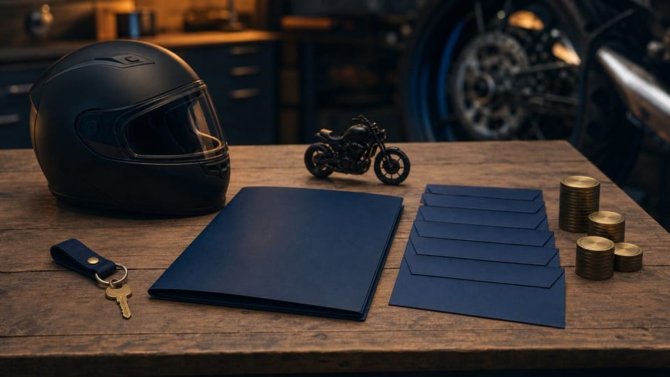 Un casque et une clé de moto sont posés avec un dossier de prêt et des enveloppes de remboursement.