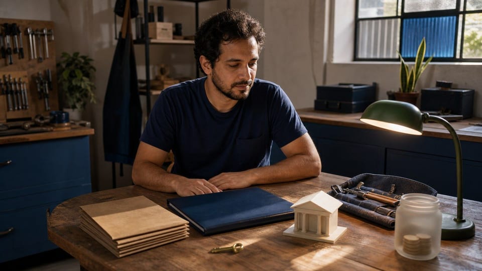 Trabalhador autônomo brasileiro organiza envelopes, pasta de contribuição e moedas para planejar o pagamento do INSS.