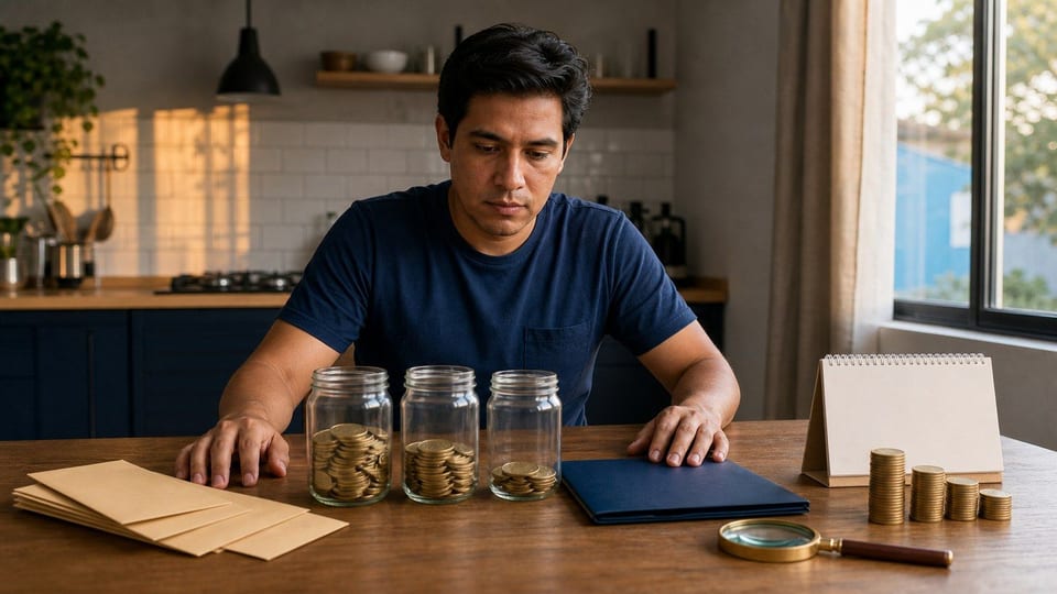 Una persona organiza su presupuesto personal con sobres, frascos de monedas, una carpeta azul y una lupa sobre la mesa.