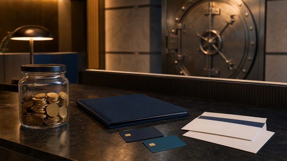 Balcão de banco sem marcas com pote de moedas, pasta bancária azul-marinho, cartões em branco, envelopes e cofre ao fundo.