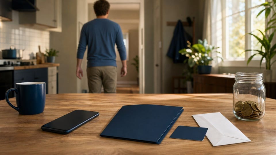 An American adult walks away from a kitchen table after setting aside funds, a face-down phone, a blank card, and an account-closure folder.