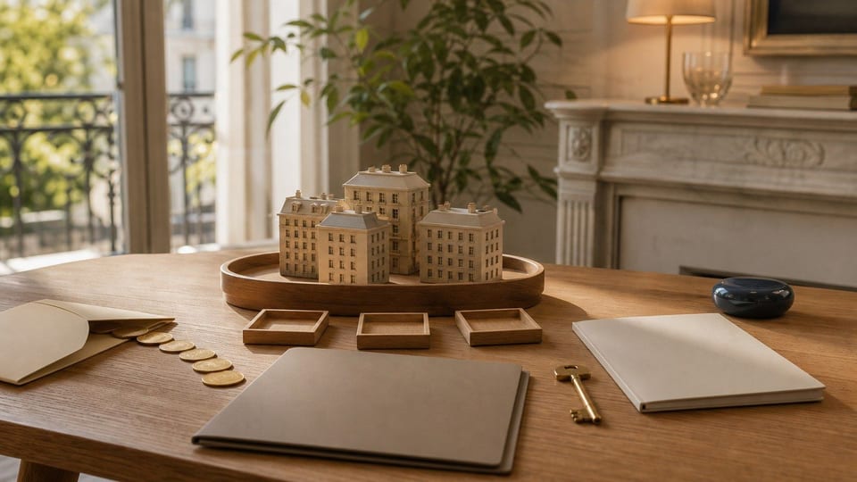 Table de préparation pour investir en SCPI avec maquettes d’immeubles, enveloppes vierges et pièces symboliques.