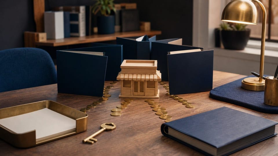 Startup finanszírozási asztal üres mappákkal, érmefolyamokkal, kulccsal és kis üzletmodellel.