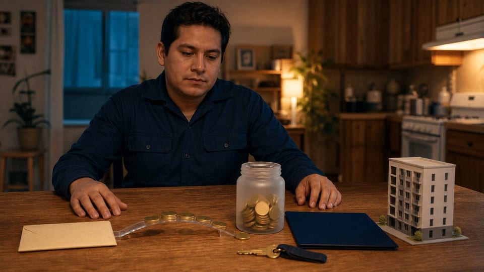Trabajador en una mesa con un sobre de salario, una alcancía, una llave y una carpeta de crédito de vivienda.