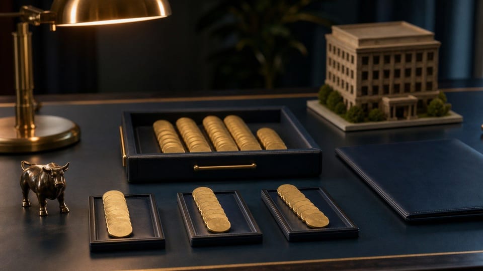 Bandejas de accionistas recibiendo monedas de una empresa para representar el pago de dividendos.