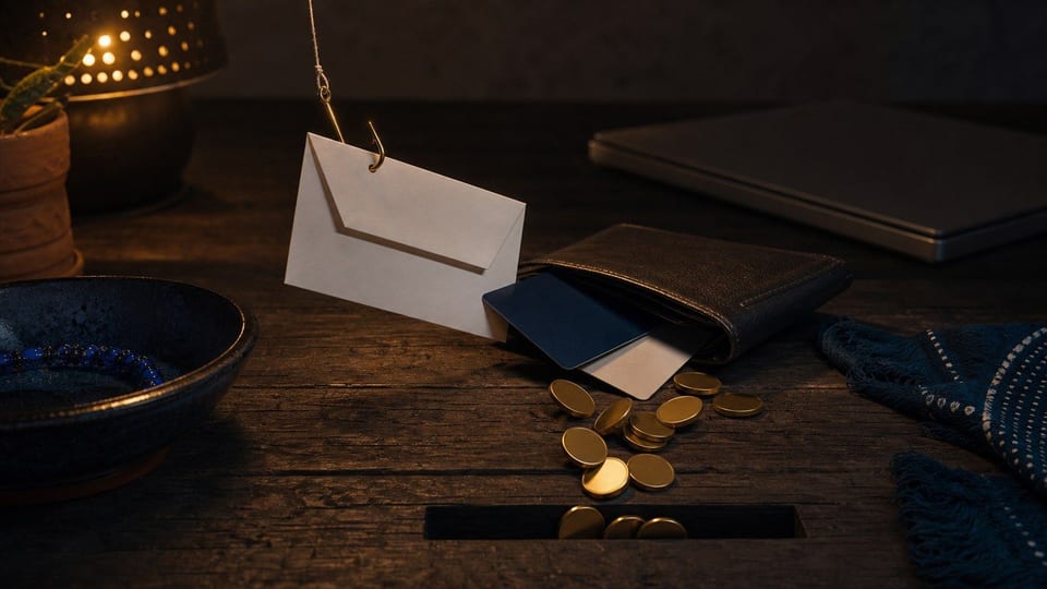 Gancho de phishing con un sobre en blanco sacando tarjetas de una cartera junto a monedas sin marcas.