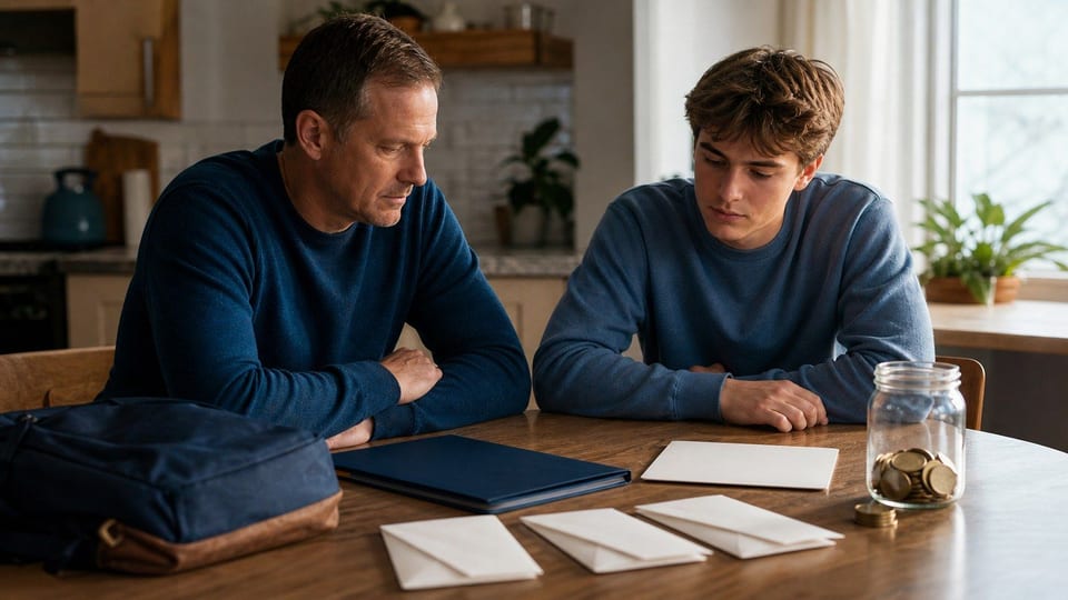A parent and college-age student plan education funding with blank envelopes, a savings jar, and a navy folder.