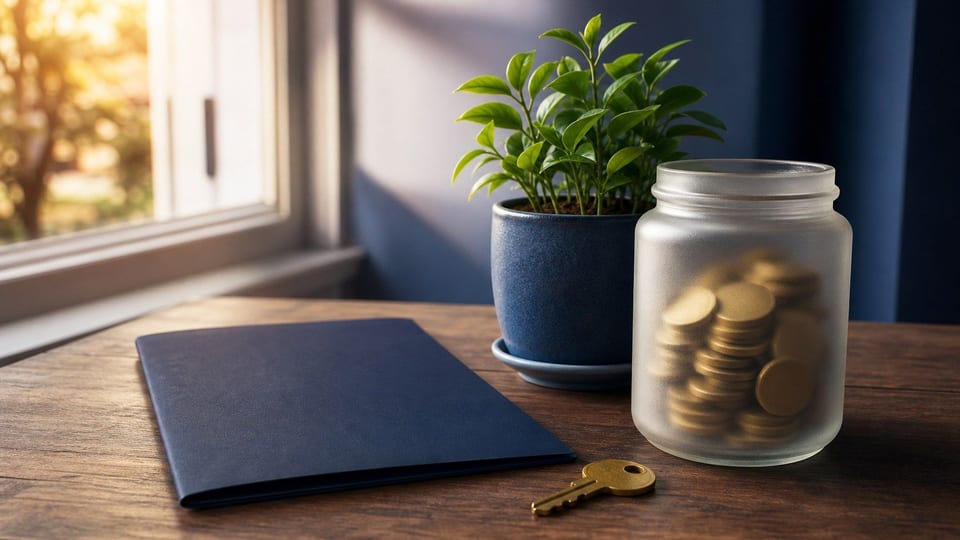 Een spaarpot met munten, een plant, een blanco bankmap en een huissleutel op een houten tafel.