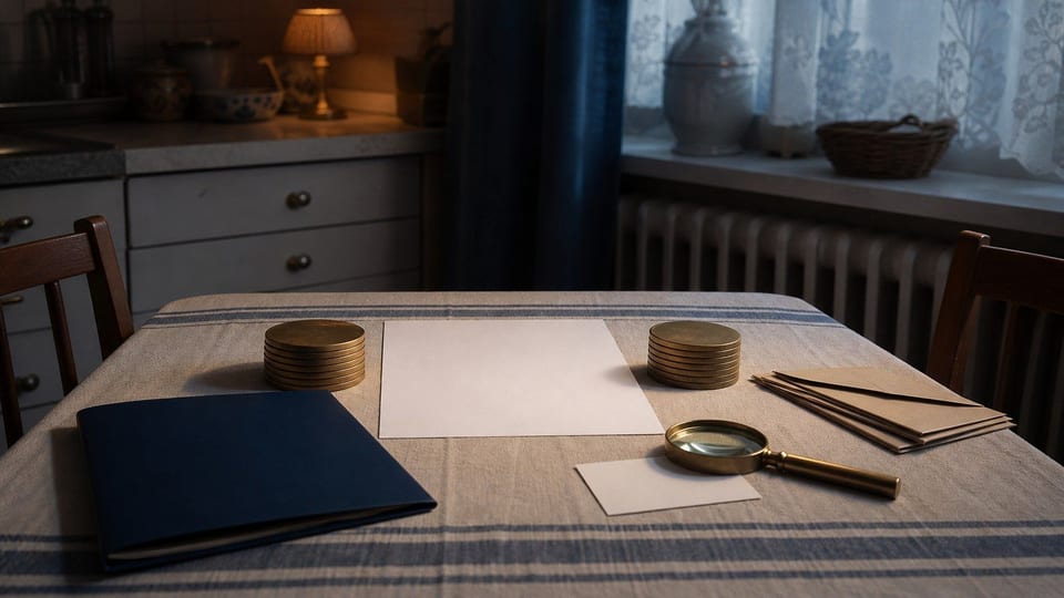 Tavolo di cucina con accordo privato di prestito senza scritte, due pile di monete, cartella blu e buste sigillate.