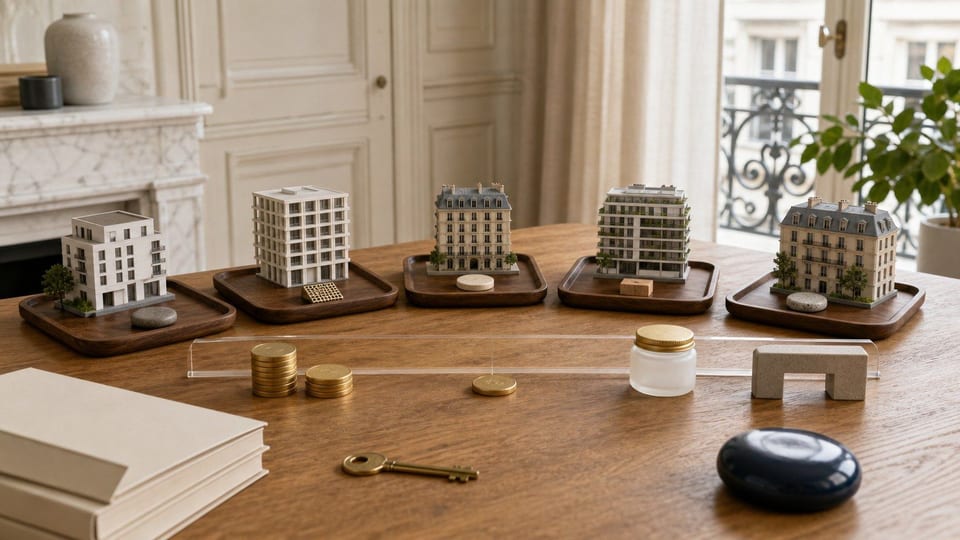 Comparaison de plusieurs immeubles miniatures représentant une sélection de SCPI sur une table d’investisseur.