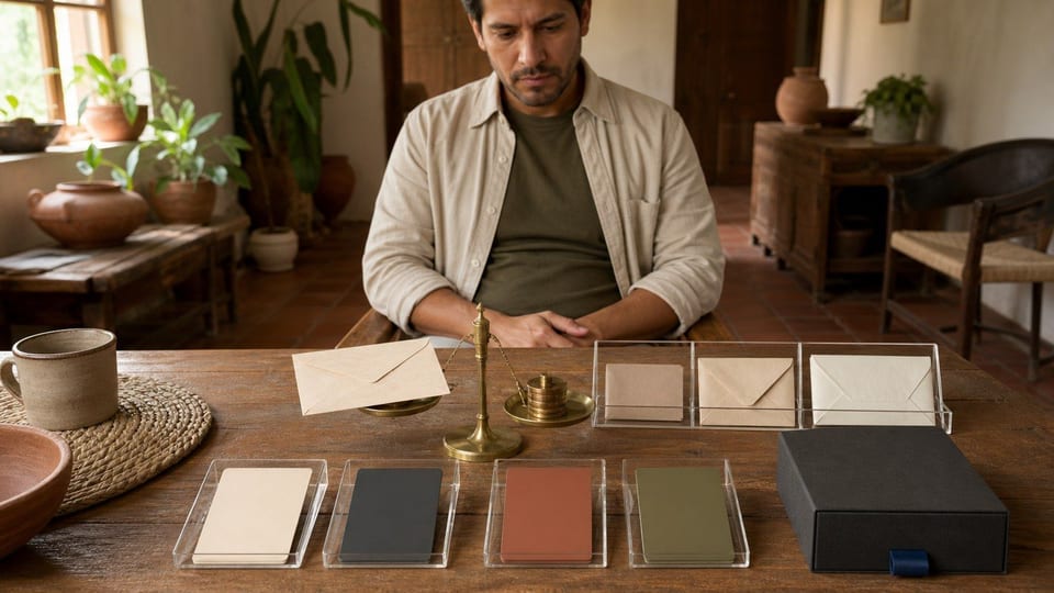 Una persona compara tarjetas de crédito sin marcas y organiza documentos para preparar su solicitud.